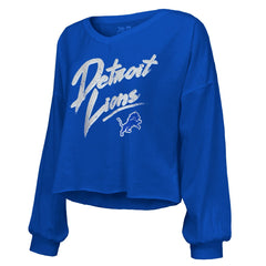 Amon-Ra St. Brown Detroit Lions Majestic Threads Women's Name & Number Off-Shoulder Script Cropped Long Sleeve Relaxed V-Neck T-Shirt Blue
