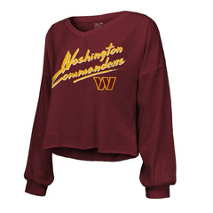 Jayden Daniels Washington Commanders Majestic Threads Women's Name & Number Off-Shoulder Script Cropped Long Sleeve Relaxed V-Neck T-Shirt Burgundy