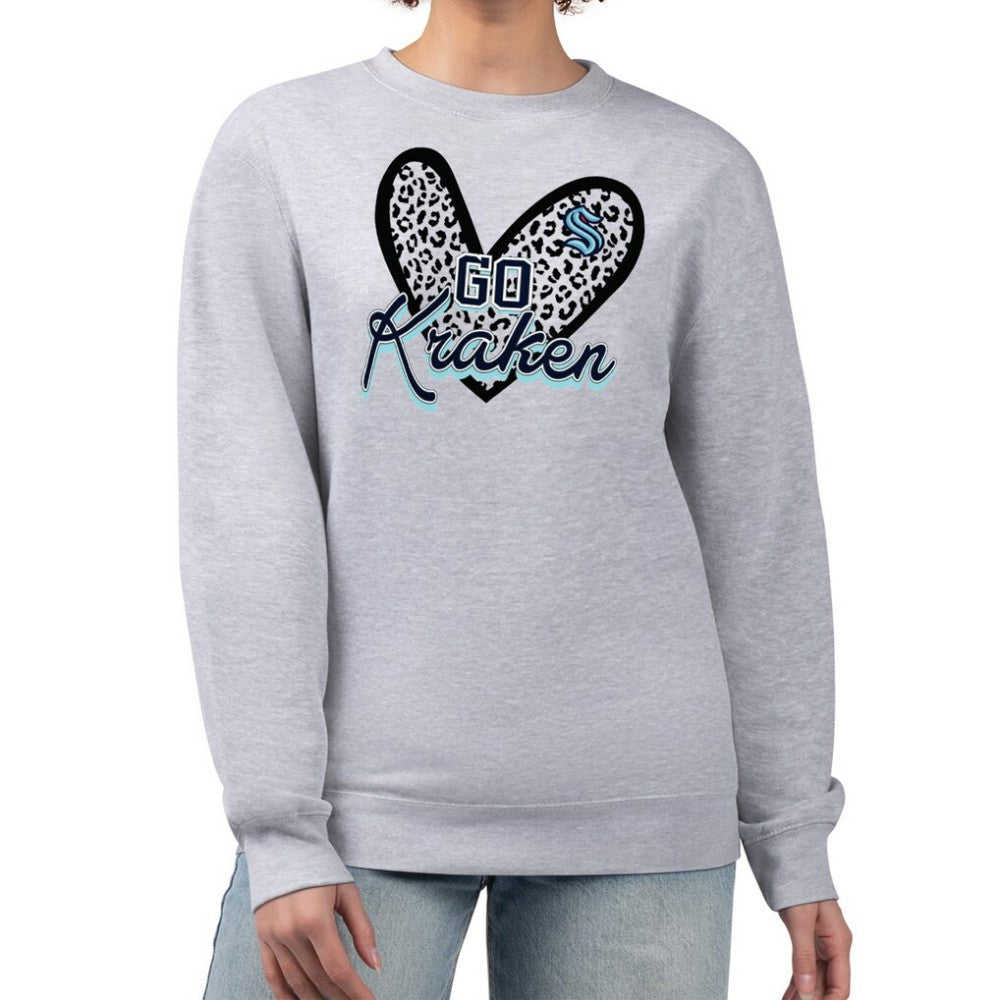 NHL Seattle Kraken G-III 4Her by Carl Banks Women's Animal Print Heart Fleece Pullover Sweatshirt - Heather Gray