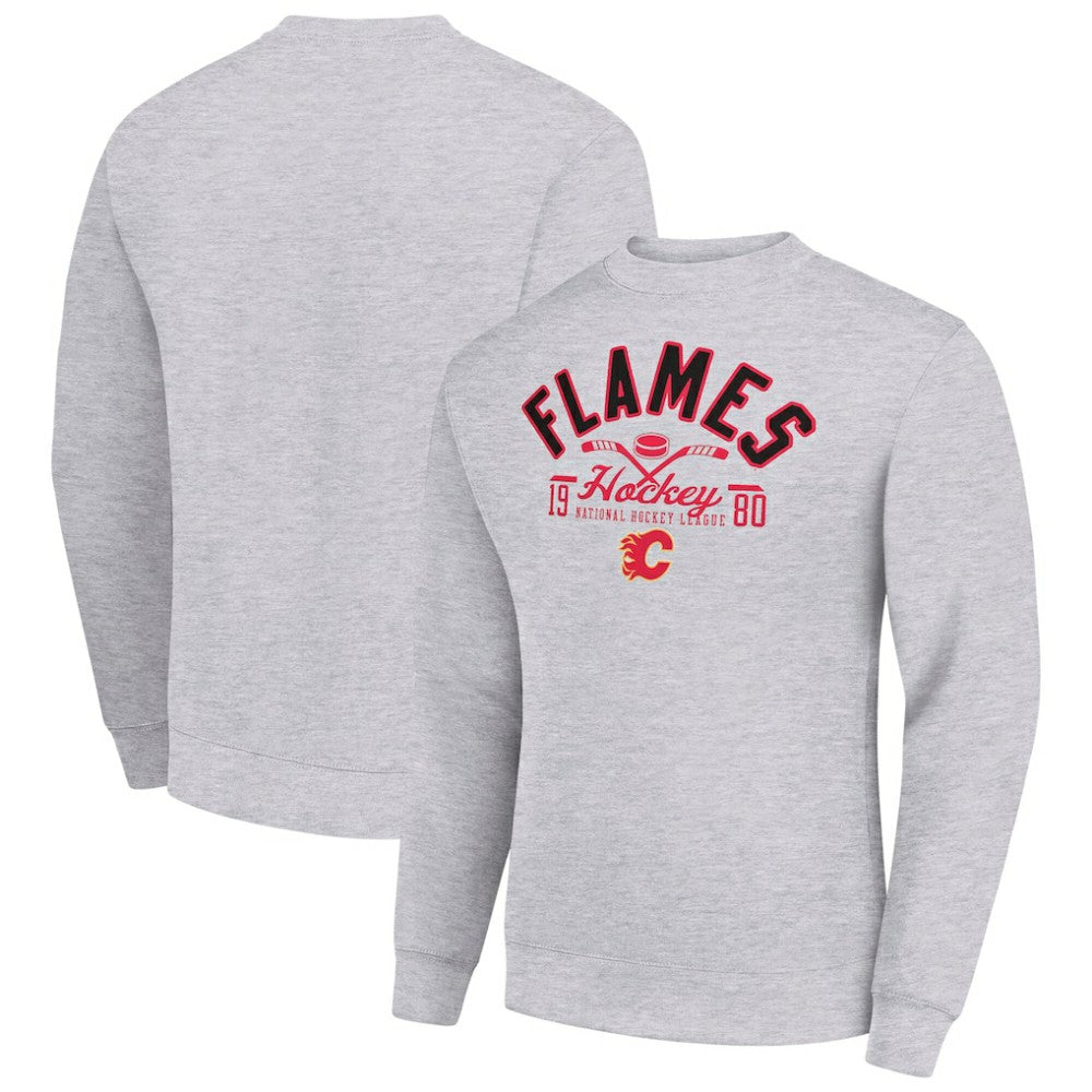 NHL Calgary Flames Starter Stick And Puck Logo Fleece Pullover Sweatshirt - Heather Gray