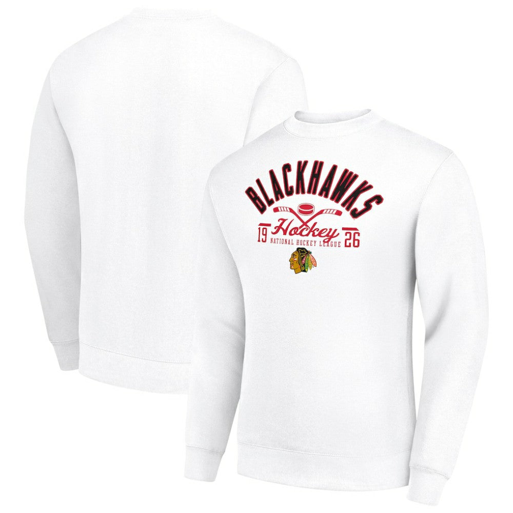NHL Chicago Blackhawks Starter Stick And Puck Logo Fleece Pullover Sweatshirt - White