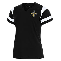 New Orleans Saints Antigua Women's Encounter Short Sleeve Notch Neck Top Black