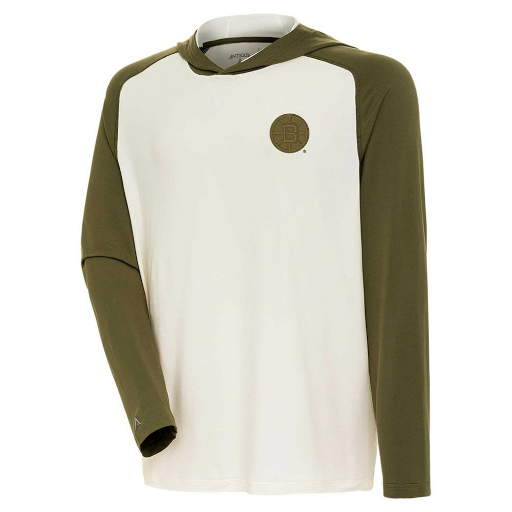 NHL Boston Bruins Antigua Intrepid Sand Raglan Long Sleeve Hoodie T-Shirt - Cream/Olive