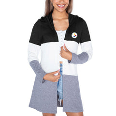 Pittsburgh Steelers Gameday Couture Women's Tri-Blend Color Block Lightweight Cardigan Hoodie Black