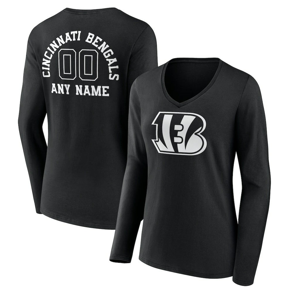 Cincinnati Bengals Women's Personalized Name & Number Monochrome Long Sleeve V-Neck T-Shirt Black