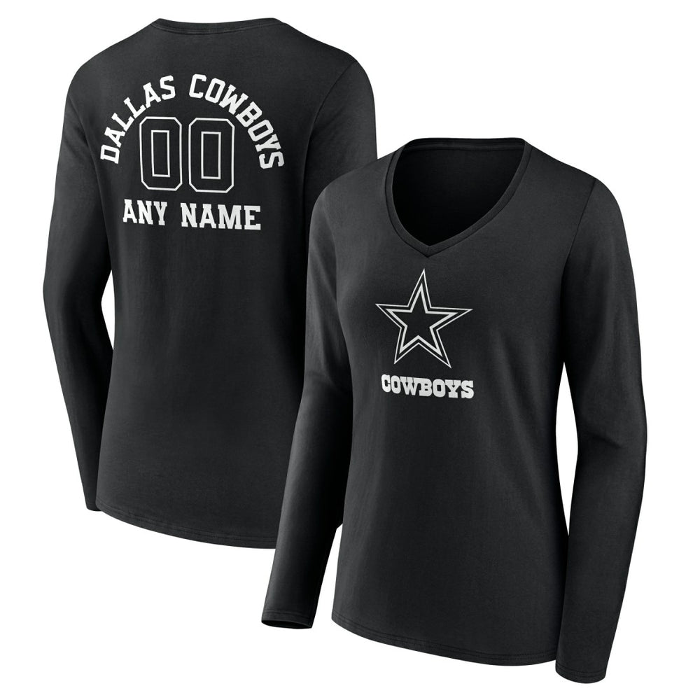 Dallas Cowboys Women's Personalized Name & Number Monochrome Long Sleeve V-Neck T-Shirt Black