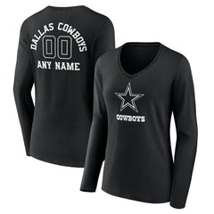 Dallas Cowboys Women's Personalized Name & Number Monochrome Long Sleeve V-Neck T-Shirt Black