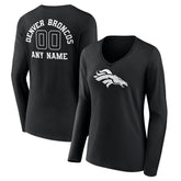 Denver Broncos Women's Personalized Name & Number Monochrome Long Sleeve V-Neck T-Shirt Black