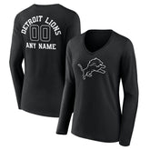 Detroit Lions Women's Personalized Name & Number Monochrome Long Sleeve V-Neck T-Shirt Black