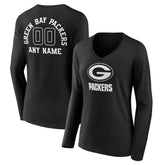 Green Bay Packers Women's Personalized Name & Number Monochrome Long Sleeve V-Neck T-Shirt Black