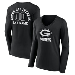Green Bay Packers Women's Personalized Name & Number Monochrome Long Sleeve V-Neck T-Shirt Black