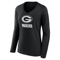 Green Bay Packers Women's Personalized Name & Number Monochrome Long Sleeve V-Neck T-Shirt Black