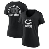 Green Bay Packers Women's Personalized Name & Number Monochrome V-Neck T-Shirt Black
