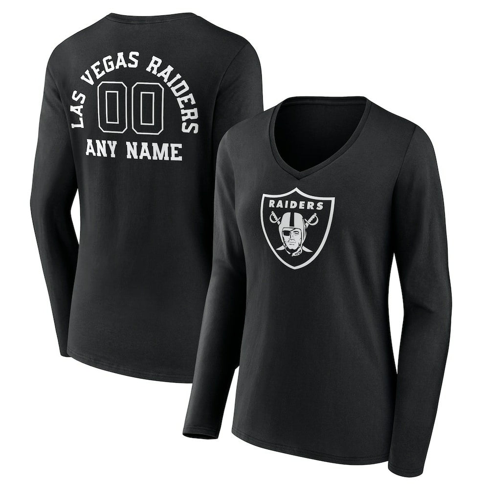 Las Vegas Raiders Women's Personalized Name & Number Monochrome Long Sleeve V-Neck T-Shirt Black