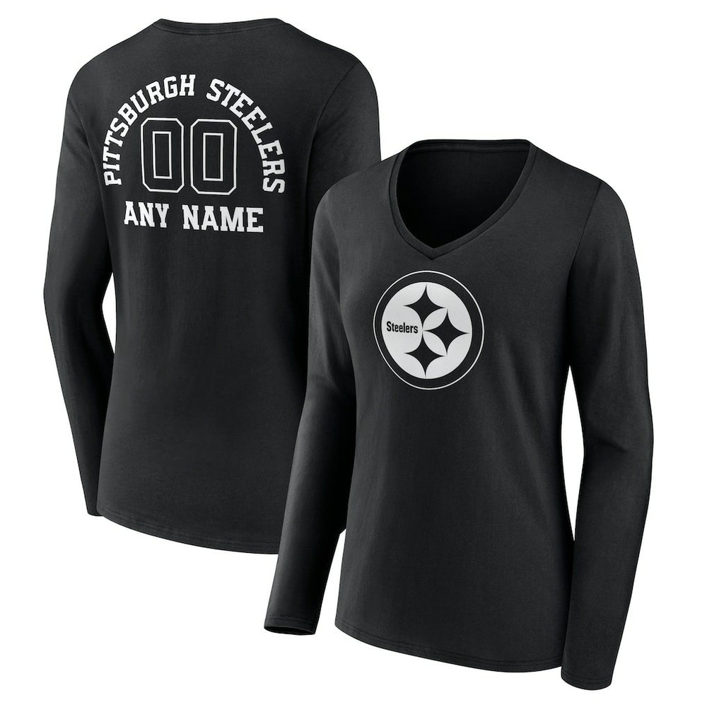 Pittsburgh Steelers Women's Personalized Name & Number Monochrome Long Sleeve V-Neck T-Shirt Black