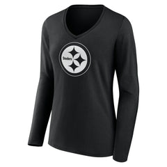 Pittsburgh Steelers Women's Personalized Name & Number Monochrome Long Sleeve V-Neck T-Shirt Black