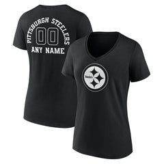 Pittsburgh Steelers Women's Personalized Name & Number Monochrome V-Neck T-Shirt Black