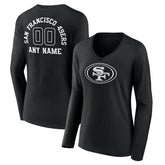 San Francisco 49ers Women's Personalized Name & Number Monochrome Long Sleeve V-Neck T-Shirt Black