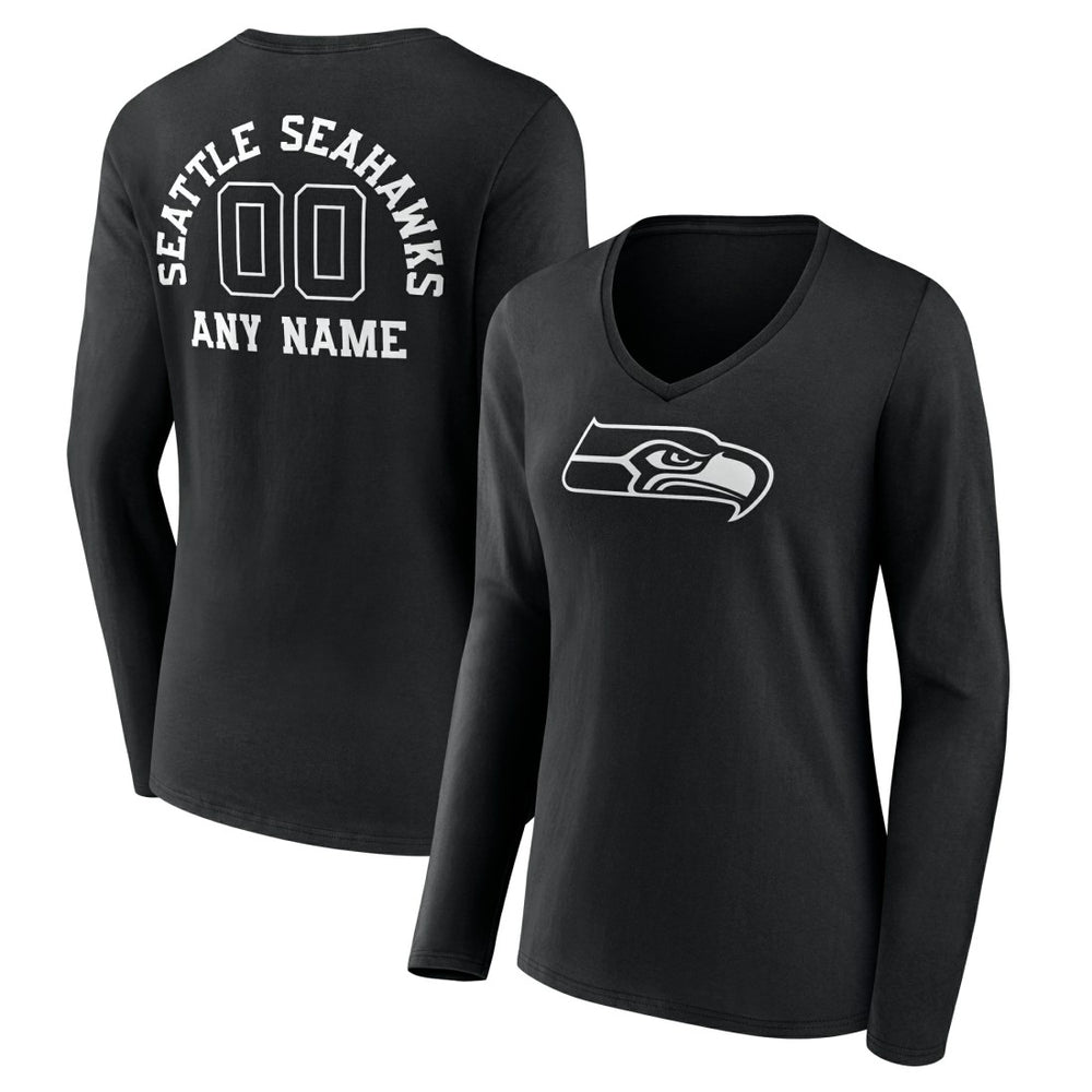 Seattle Seahawks Women's Personalized Name & Number Monochrome Long Sleeve V-Neck T-Shirt Black