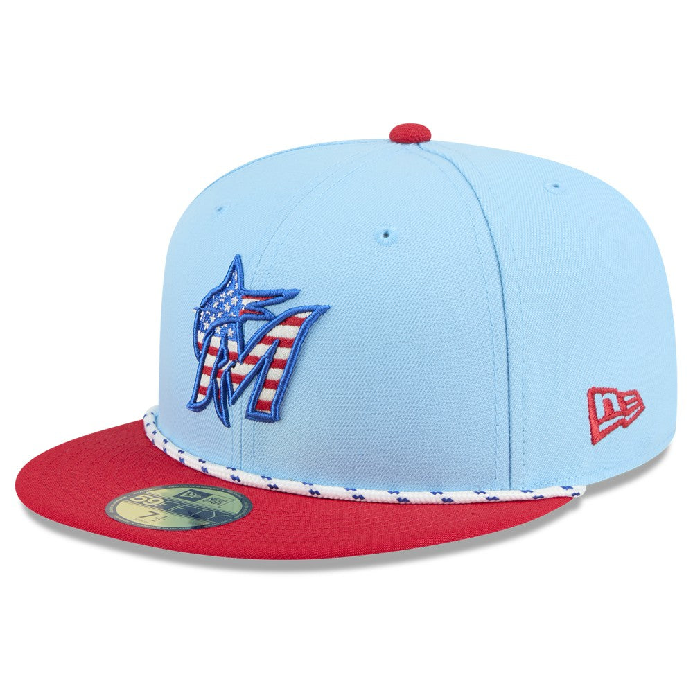 Miami Marlins New Era 2025 Fourth of July 59FIFTY Fitted Hat - Light Blue/Red Hats