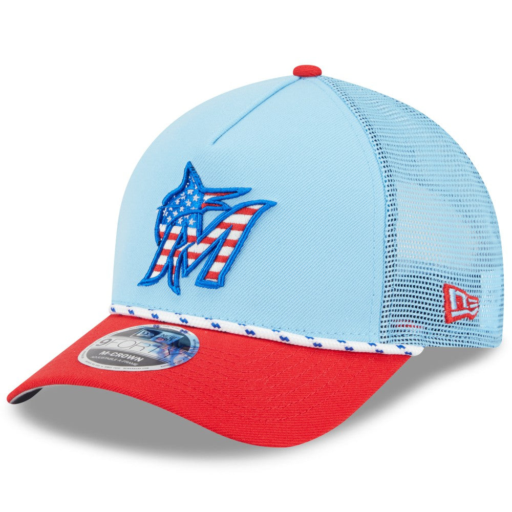 Miami Marlins New Era 2025 Fourth of July 9FORTY A-Frame M-Crown Adjustable Trucker Hat - Light Blue/Red Hats
