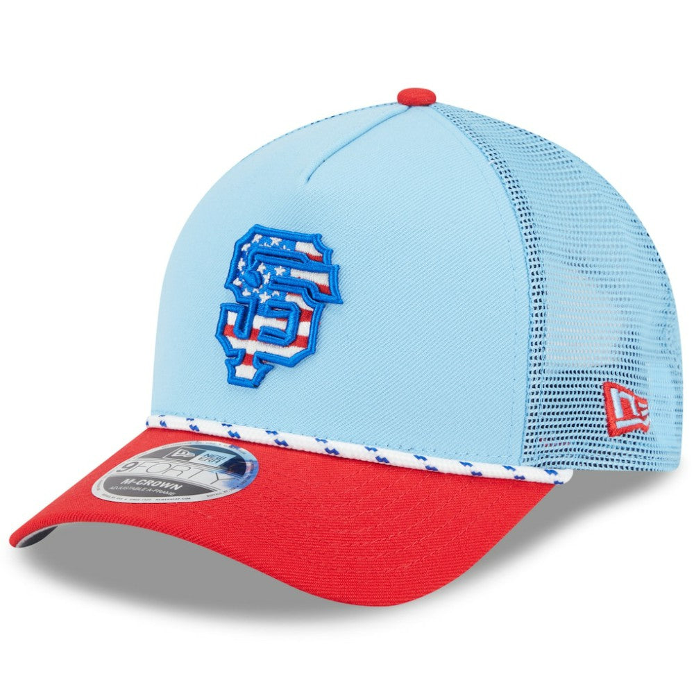 San Francisco Giants New Era 2025 Fourth of July 9FORTY A-Frame M-Crown Adjustable Trucker Hat - Light Blue/Red Hats