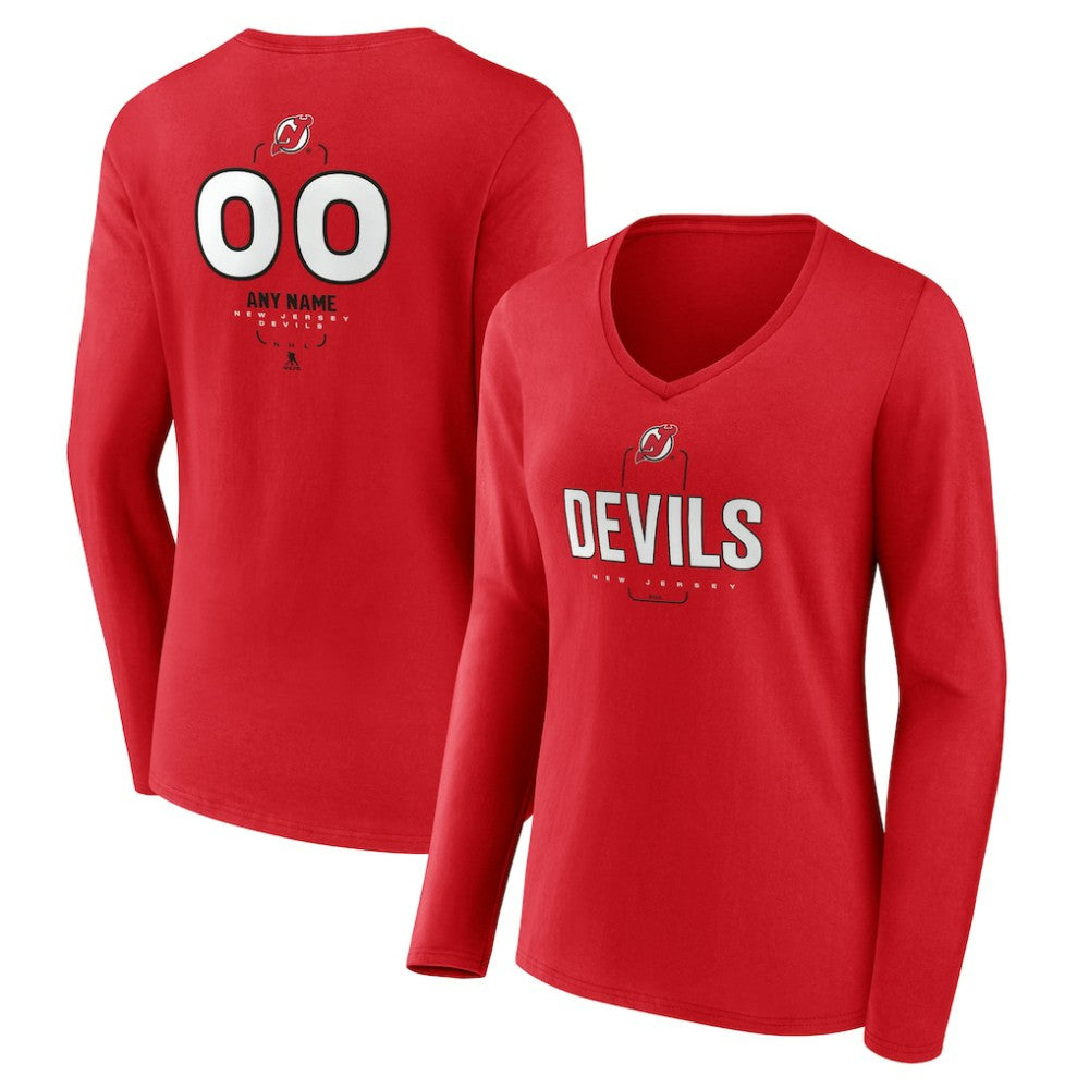 NHL,Custom New Jersey Devils Women's Personalized Name & Number Midfielder Long Sleeve V-Neck T-Shirt - Red