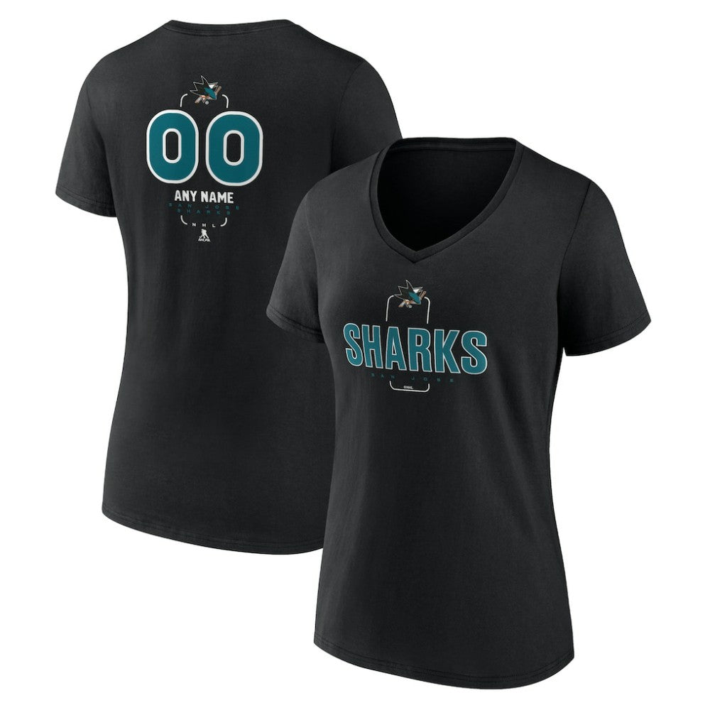 NHL,Custom San Jose Sharks Women's Personalized Name & Number Midfielder V-Neck T-Shirt - Black