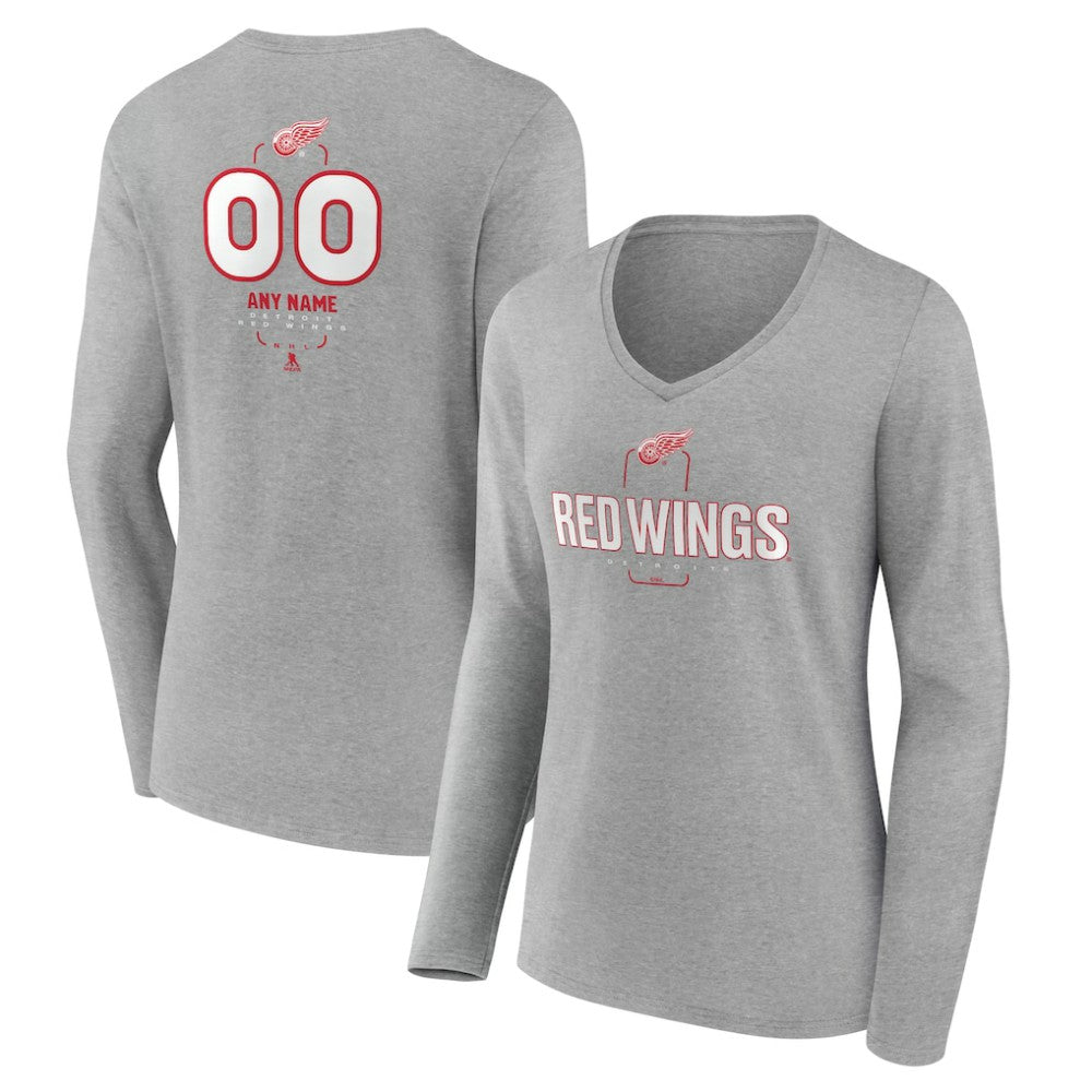NHL,Custom Detroit Red Wings Women's Personalized Name & Number Midfielder Long Sleeve V-Neck T-Shirt - Gray