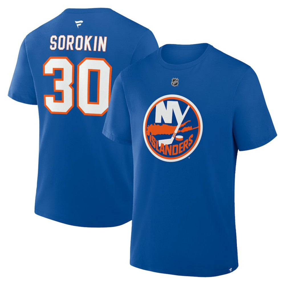 NHL Ilya Sorokin New York Islanders Fanatics Authentic Stack Name & Number T-Shirt - Royal