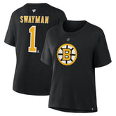 NHL Jeremy Swayman Boston Bruins Fanatics Women's Authentic Stack Name & Number T-Shirt - Black