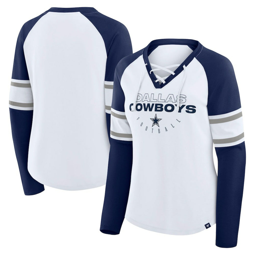 Dallas Cowboys Women's Redzone Blitz Package Raglan Lace-Up V-Neck Long Sleeve T-Shirt White/Navy