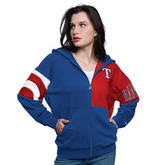 Texas Rangers Starter Women's Curve Ball Full Zip Hoodie Sweatshirt - Royal/Red Hoodies