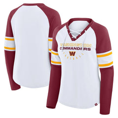 Washington Commanders Women's Redzone Blitz Package Raglan Lace-Up V-Neck Long Sleeve T-Shirt White/Burgundy