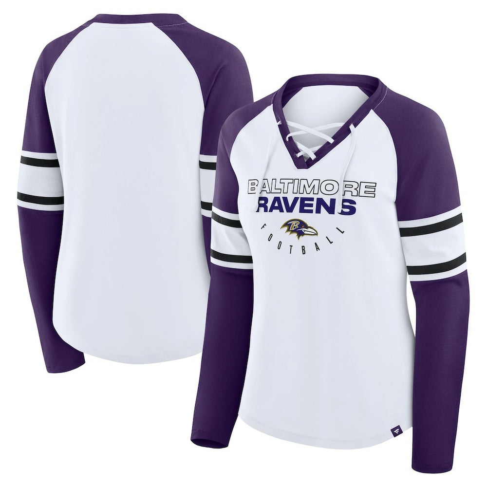 Baltimore Ravens Women's Redzone Blitz Package Raglan Lace-Up V-Neck Long Sleeve T-Shirt White/Purple