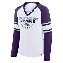 Baltimore Ravens Women's Redzone Blitz Package Raglan Lace-Up V-Neck Long Sleeve T-Shirt White/Purple