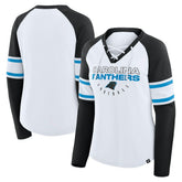 Carolina Panthers Women's Redzone Blitz Package Raglan Lace-Up V-Neck Long Sleeve T-Shirt White/Black