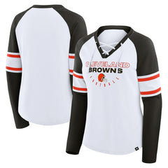Cleveland Browns Women's Redzone Blitz Package Raglan Lace-Up V-Neck Long Sleeve T-Shirt White/Brown