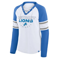 Detroit Lions Women's Redzone Blitz Package Raglan Lace-Up V-Neck Long Sleeve T-Shirt White/Blue