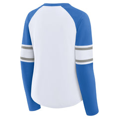 Detroit Lions Women's Redzone Blitz Package Raglan Lace-Up V-Neck Long Sleeve T-Shirt White/Blue