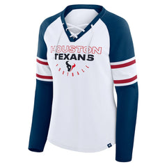 Houston Texans Women's Redzone Blitz Package Raglan Lace-Up V-Neck Long Sleeve T-Shirt White/Navy