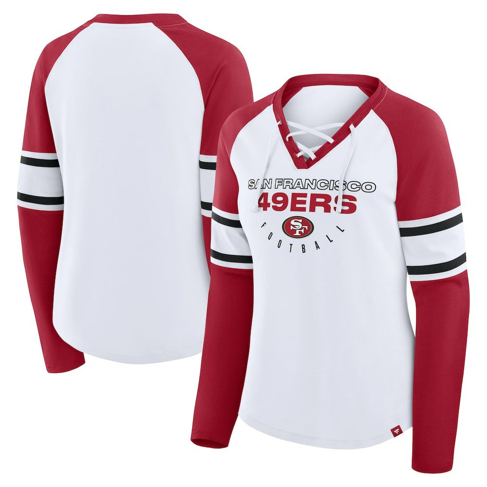 San Francisco 49ers Women's Redzone Blitz Package Raglan Lace-Up V-Neck Long Sleeve T-Shirt White/Scarlet