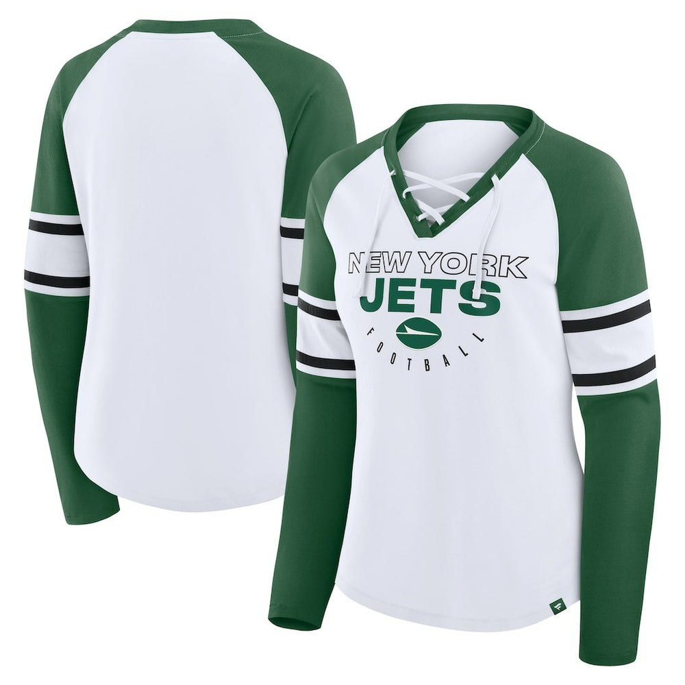 New York Jets Women's Redzone Blitz Package Raglan Lace-Up V-Neck Long Sleeve T-Shirt White/Green