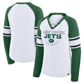 New York Jets Women's Redzone Blitz Package Raglan Lace-Up V-Neck Long Sleeve T-Shirt White/Green