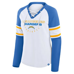 Los Angeles Chargers Women's Redzone Blitz Package Raglan Lace-Up V-Neck Long Sleeve T-Shirt White/Powder Blue