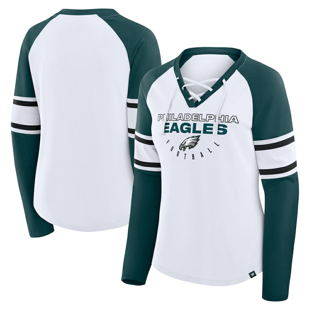 Philadelphia Eagles Women's Redzone Blitz Package Raglan Lace-Up V-Neck Long Sleeve T-Shirt White/Green