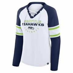 Seattle Seahawks Women's Redzone Blitz Package Raglan Lace-Up V-Neck Long Sleeve T-Shirt White/College Navy