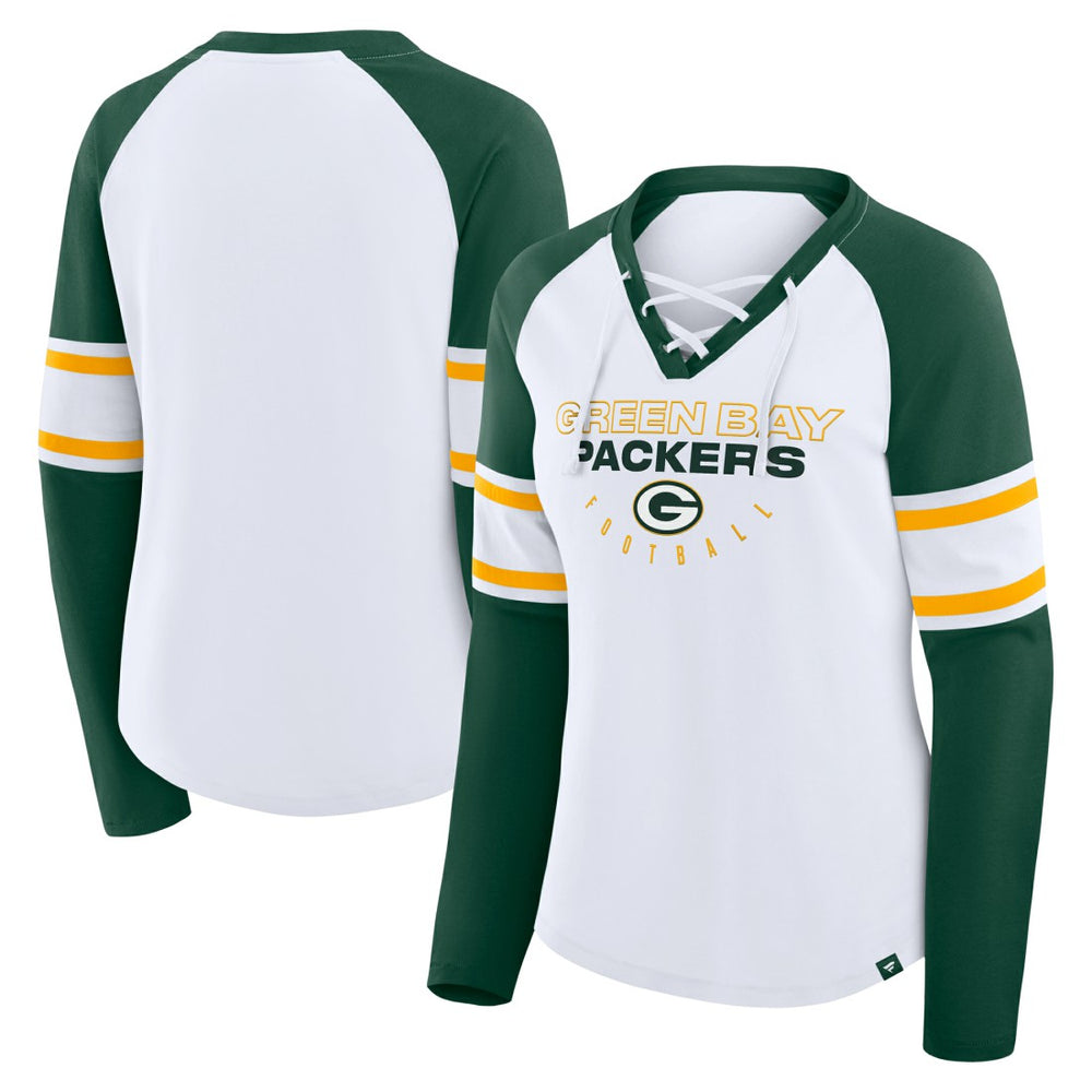 Green Bay Packers Women's Redzone Blitz Package Raglan Lace-Up V-Neck Long Sleeve T-Shirt White/Green