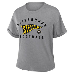 Pittsburgh Steelers Women's Pennant Wave Tribute Tri-Blend Boxy T-Shirt Heather Gray