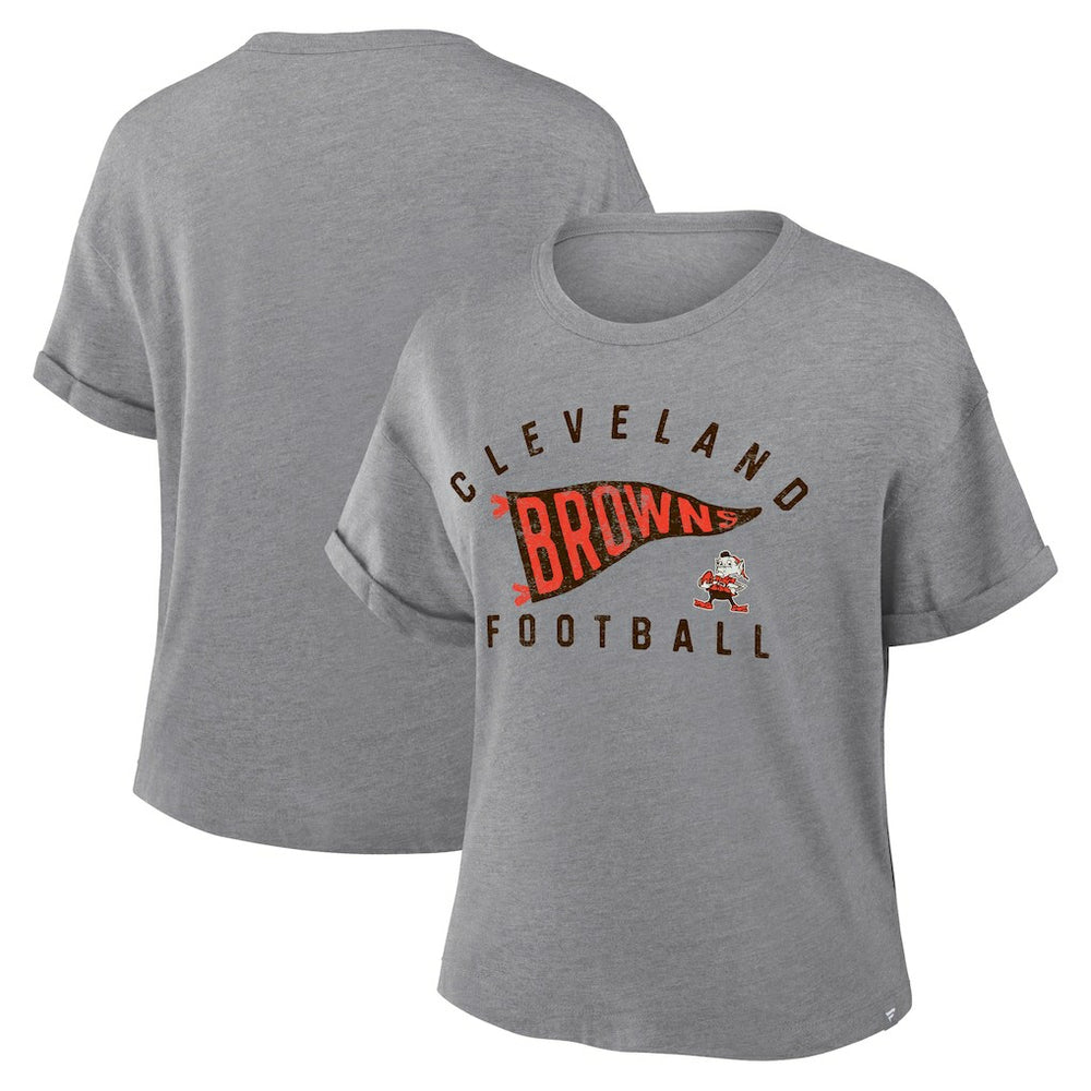 Cleveland Browns Women's Pennant Wave Tribute Tri-Blend Boxy T-Shirt Heather Gray